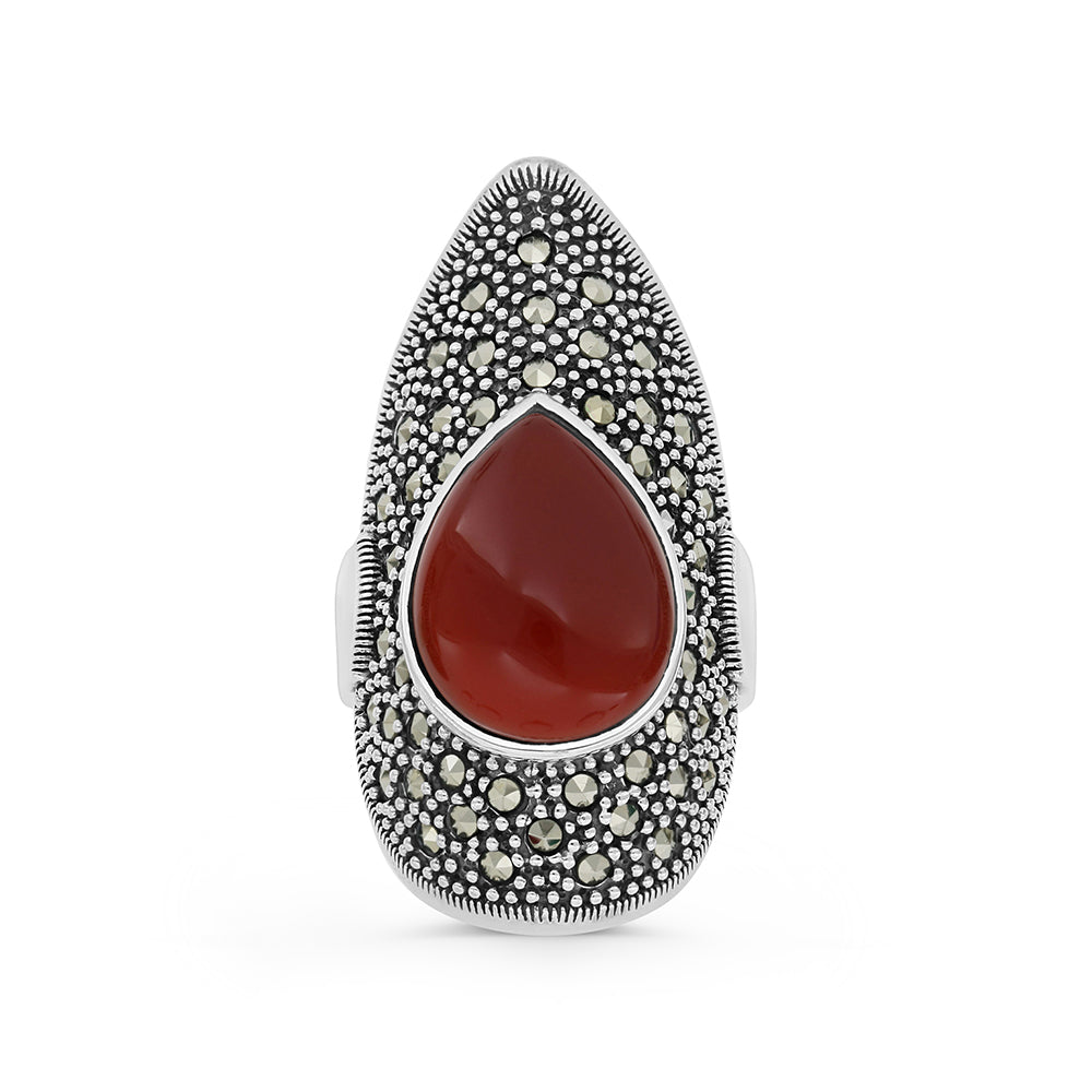 خاتم من الفضة الخالصة عيار 925 مرصع احجار عقيق طبيعي و ماركسايت