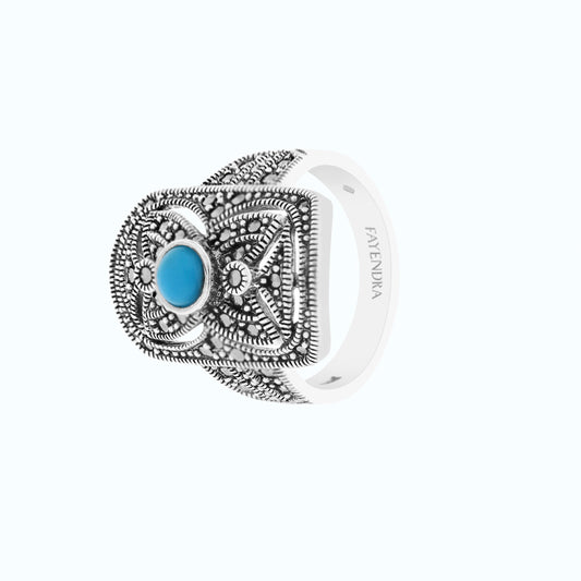 Sterling Silver 925 Ring Natural Processed Turquoise Marcasite Stones