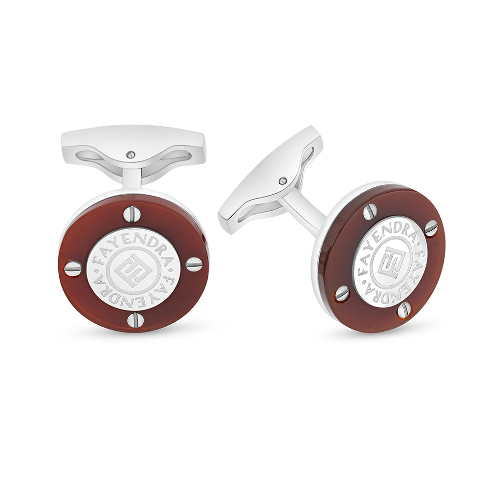 Stainless Steel Cufflink 316L Embedded With Red Agate Shiny Steel
