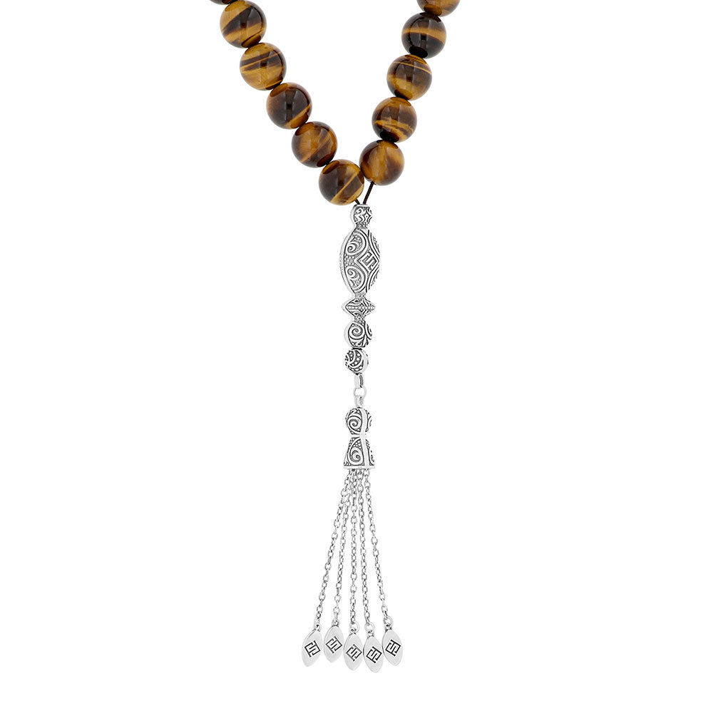 Rosary 33 Sterling Silver 925 Set Oxidized Embedded With Yellow Tiger Eye Bead 12 mm LOGO