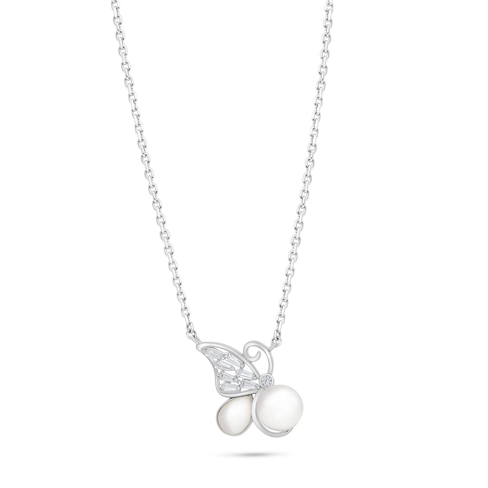 Sterling Silver 925 Necklace Rhodium Plated Embedded With Natural White Pearl And White Shell And White Zircon