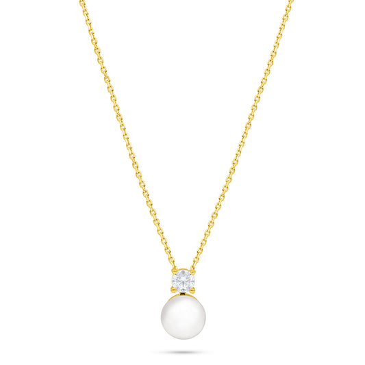 Sterling Silver 925 Necklace Golden Plated Embedded With Natural White Pearl And White Zircon