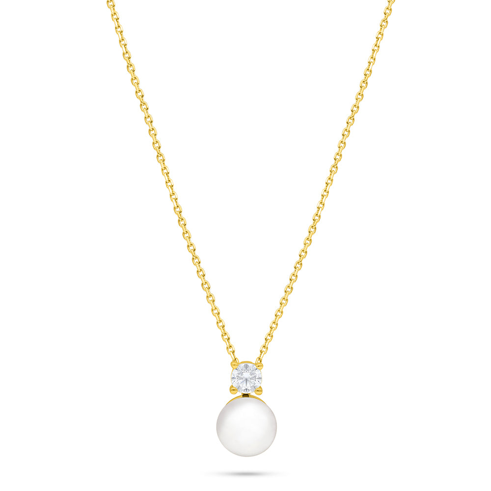 Sterling Silver 925 Necklace Golden Plated Embedded With Natural White Pearl And White Zircon