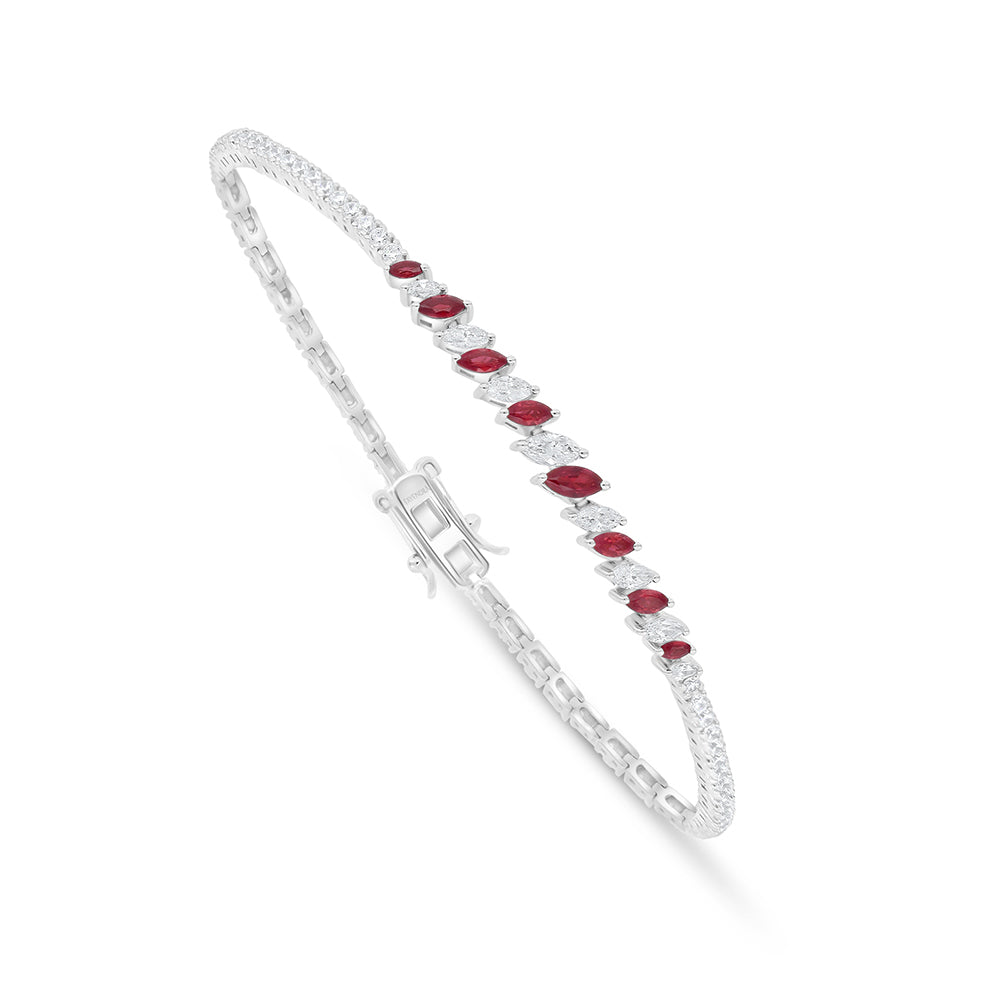Sterling Silver 925 Bracelet Rhodium Plated Embedded With Ruby Corundum And White Zircon