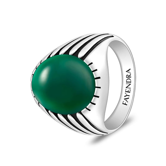 خاتم رجالي من الفضة الخالصة عيار 925 مطلي روديوم و اسود مرصع عقيق جاد اخضر كابشون