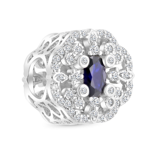 Sterling Silver 925 CHARM Rhodium Plated Embedded With Sapphire Corundum And White CZ