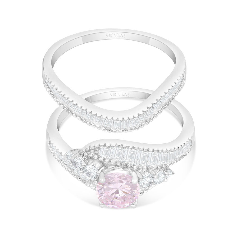 Sterling Silver 925 Ring (Twins) Rhodium Plated Embedded With Pink Zircon And White Zircon