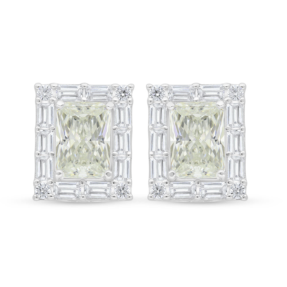 Sterling Silver 925 Earring Rhodium Plated Embedded With Yellow Diamond And White Zircon