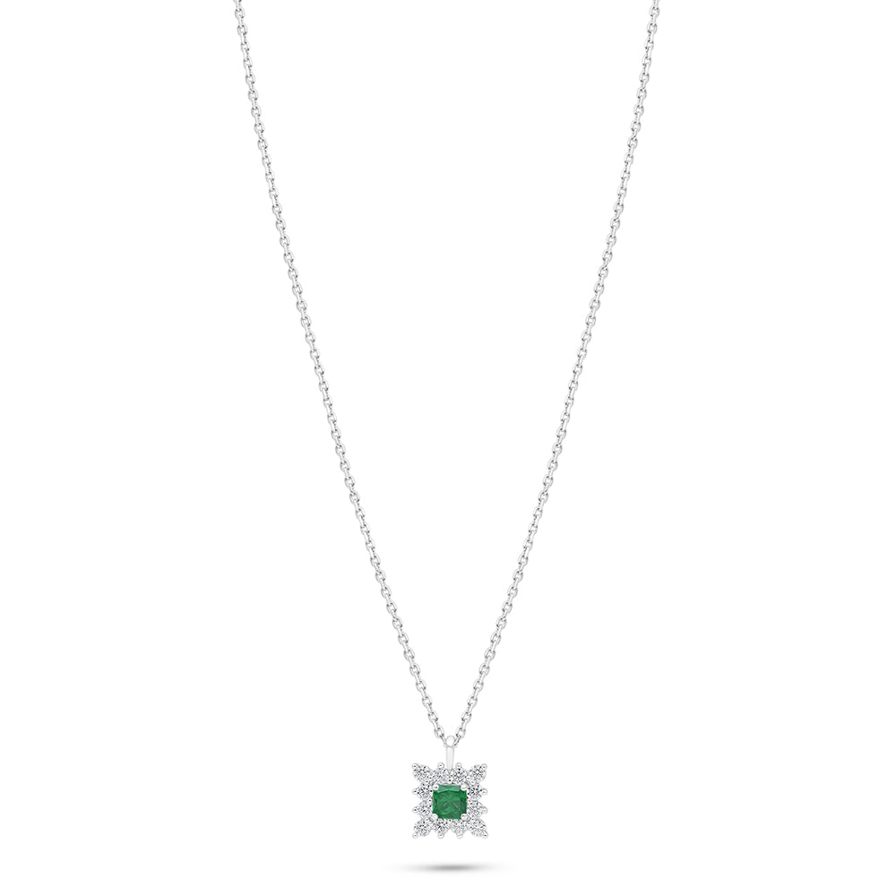Sterling Silver 925 Necklace Rhodium Plated Embedded With Emerald Zircon And White Zircon