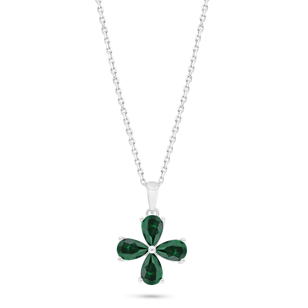 Sterling Silver 925 Necklace Rhodium Plated Embedded With Emerald Zircon