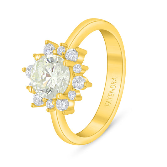Sterling Silver 925 Ring Golden Plated Embedded With Yellow Diamond And White Zircon