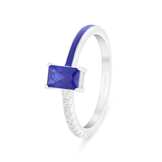 Sterling Silver 925 Ring Rhodium Plated Embedded With Sapphire Corundum And Blue Enamel And White Zircon