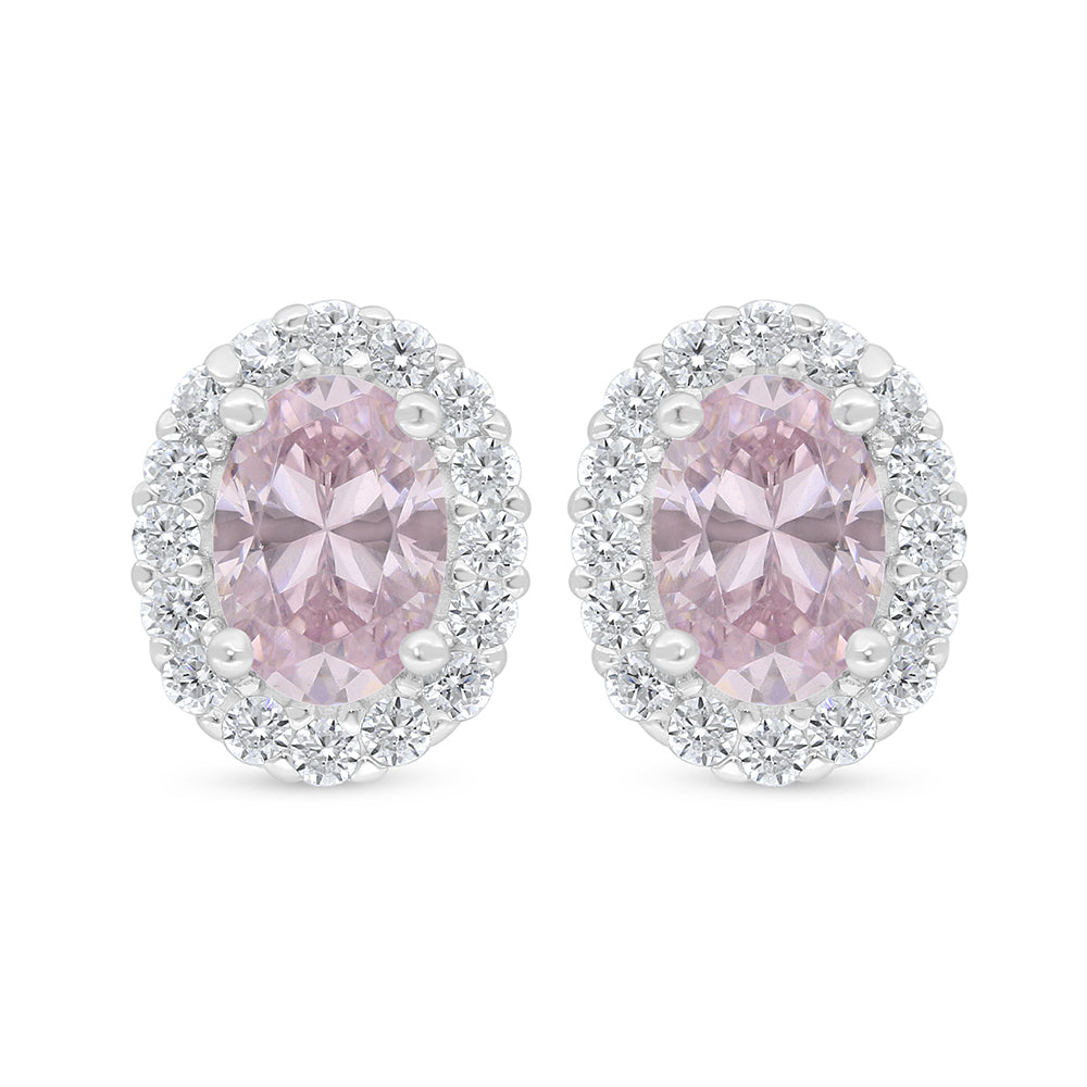 Sterling Silver 925 Earring Rhodium Plated Embedded With Pink Zircon And White Zircon