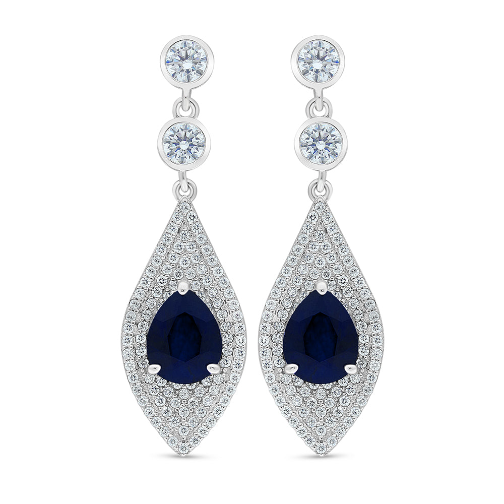Sterling Silver 925 Earring Rhodium Plated Embedded With Sapphire Corundum And White Zircon