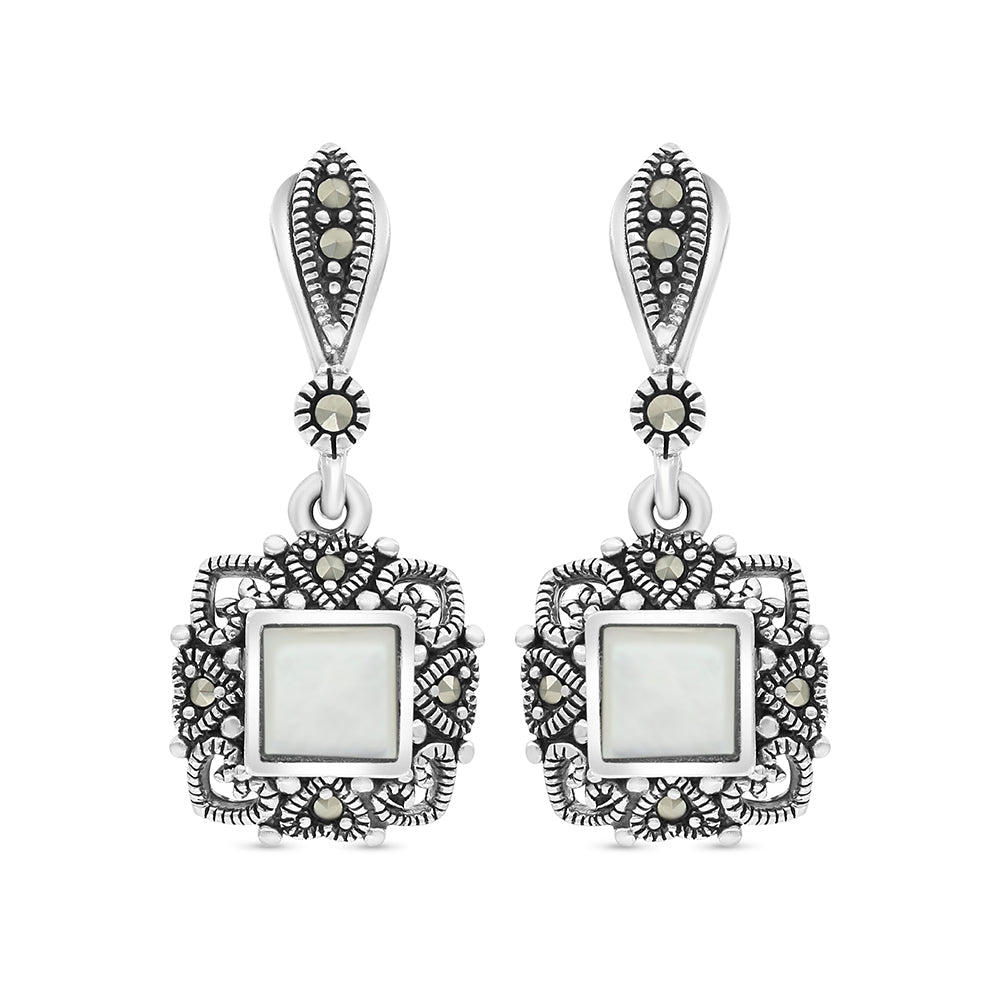 اقراط من الفضة الخالصة عيار 925 مرصعه احجار صدف ابيض طبيعي و ماركسايت