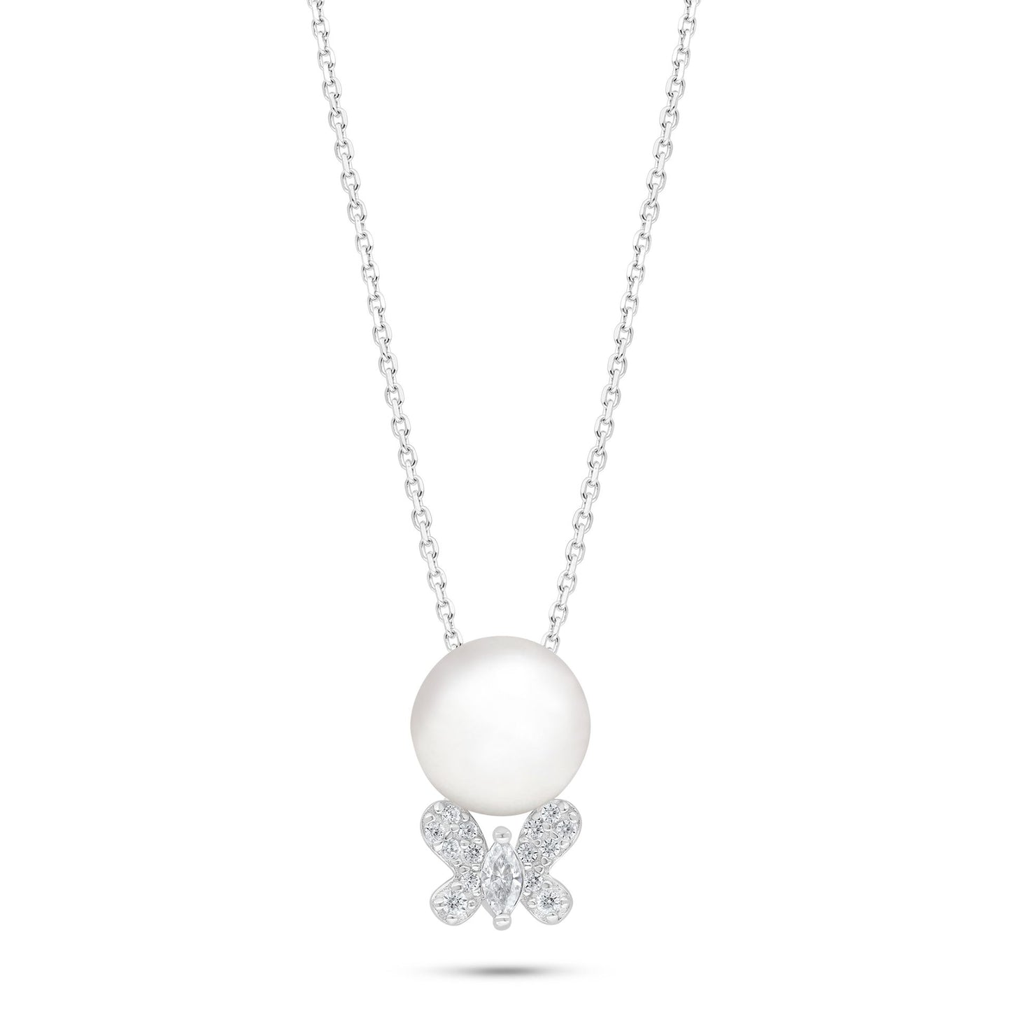 Sterling Silver 925 Necklace Rhodium Plated Embedded With Natural White Pearl And Diamond Zircon And White Zircon