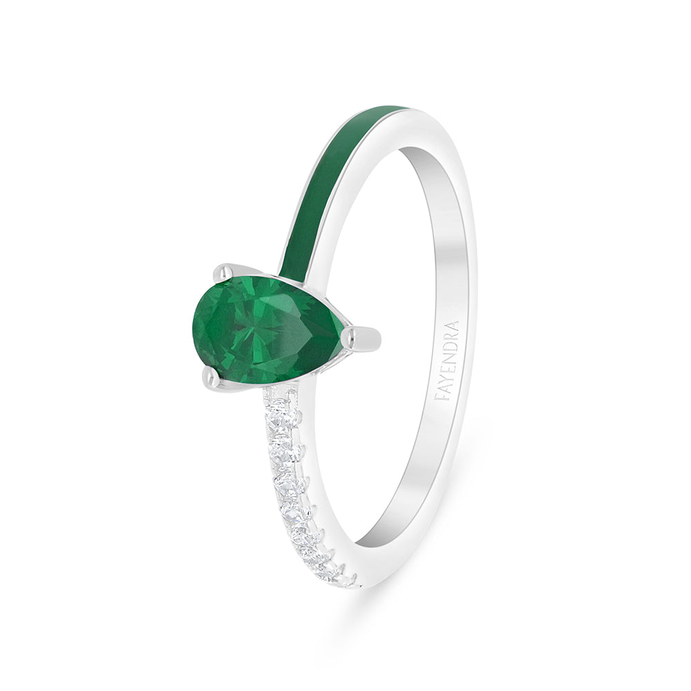 Sterling Silver 925 Ring Rhodium Plated Embedded With Emerald Zircon And Green Enamel And White Zircon