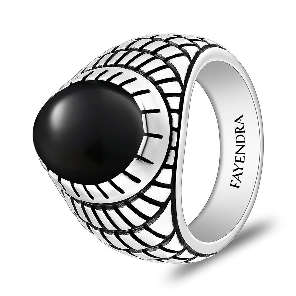 خاتم رجالي من الفضة الخالصة عيار 925 مطلي روديوم و اسود مرصع احجار عقيق اسود طبيعي كابشون