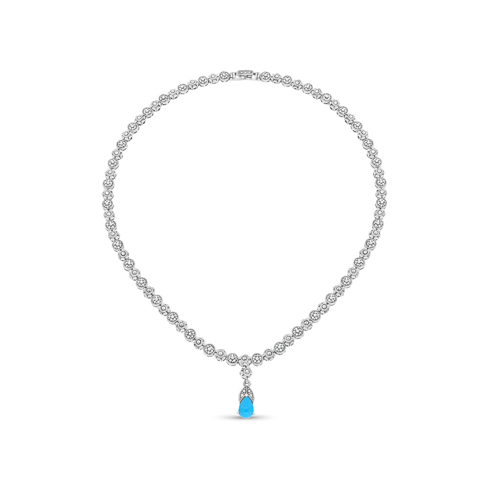 Sterling Silver 925 Set Embedded With Natural Processed Turquoise And Marcasite Stones
