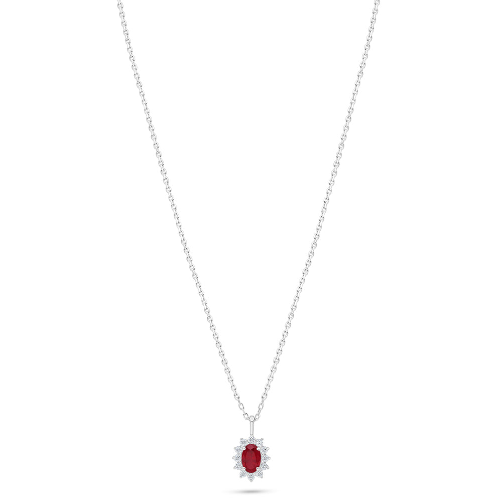 Sterling Silver 925 Necklace Rhodium Plated Embedded With Ruby Corundum And White Zircon