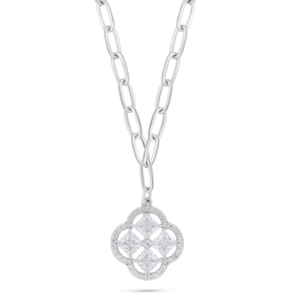Sterling Silver 925 Necklace Rhodium Plated Embedded With White Zircon