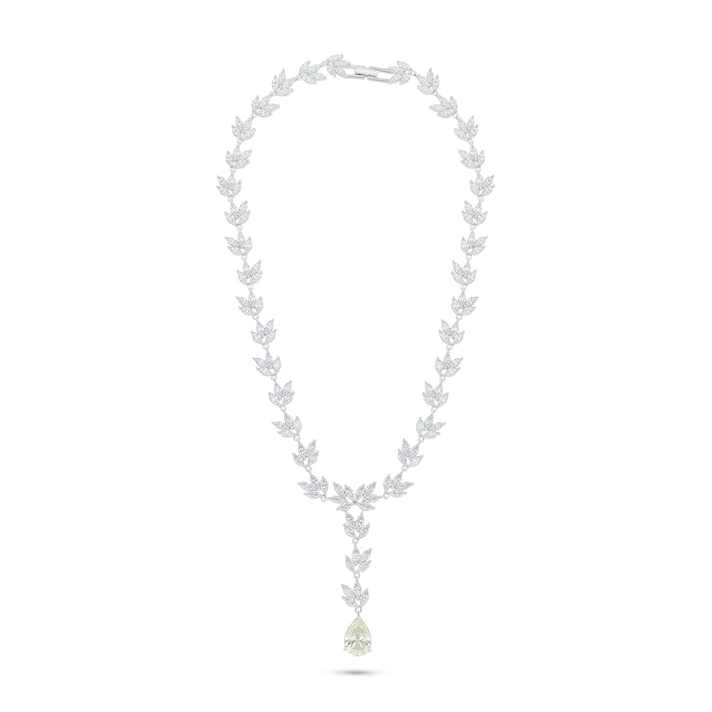 Sterling Silver 925 Necklace Rhodium Plated Embedded With Yellow Diamond And White Zircon