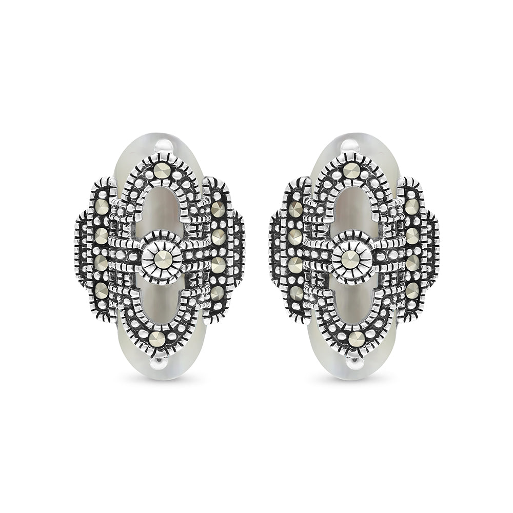 Sterling Silver 925 Earring Embedded With Natural White Shell And Marcasite Stones