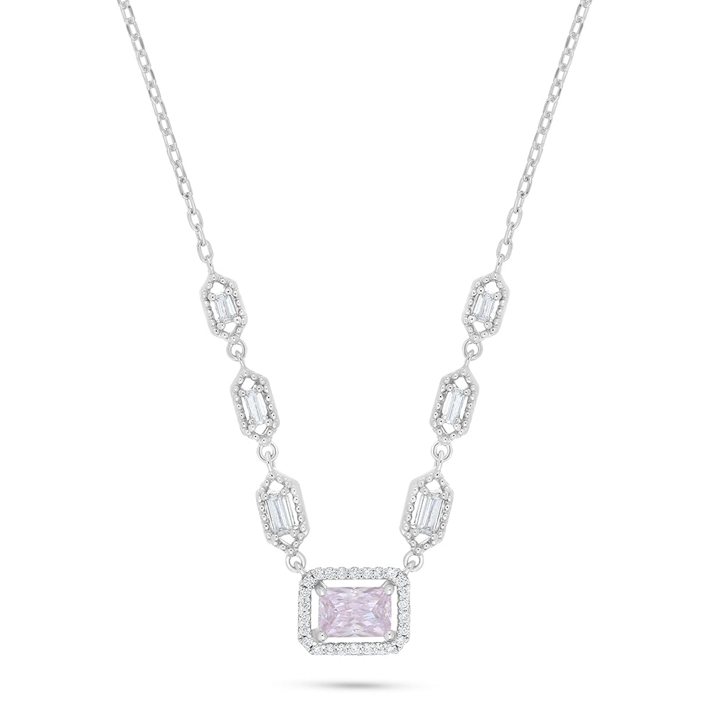 Sterling Silver 925 Necklace Rhodium Plated Embedded With Pink Zircon And White Zircon
