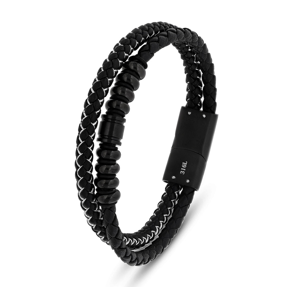 Stainless Steel Bracelet, Black Color Embedded With Black leather 316L For Men