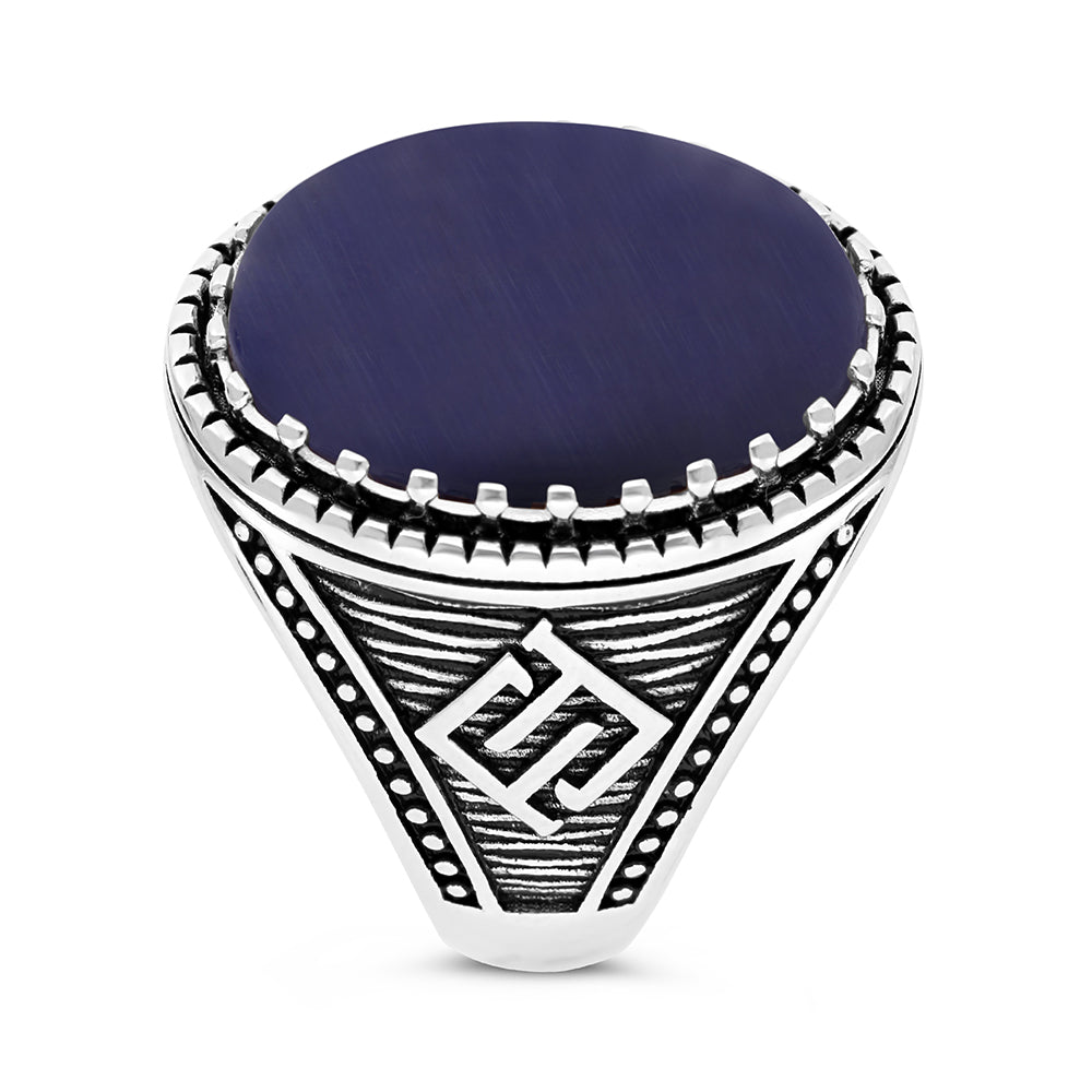 خاتم رجالي فضة عيار 925 مطلي روديوم احجار عين النمر ازرق LOGO