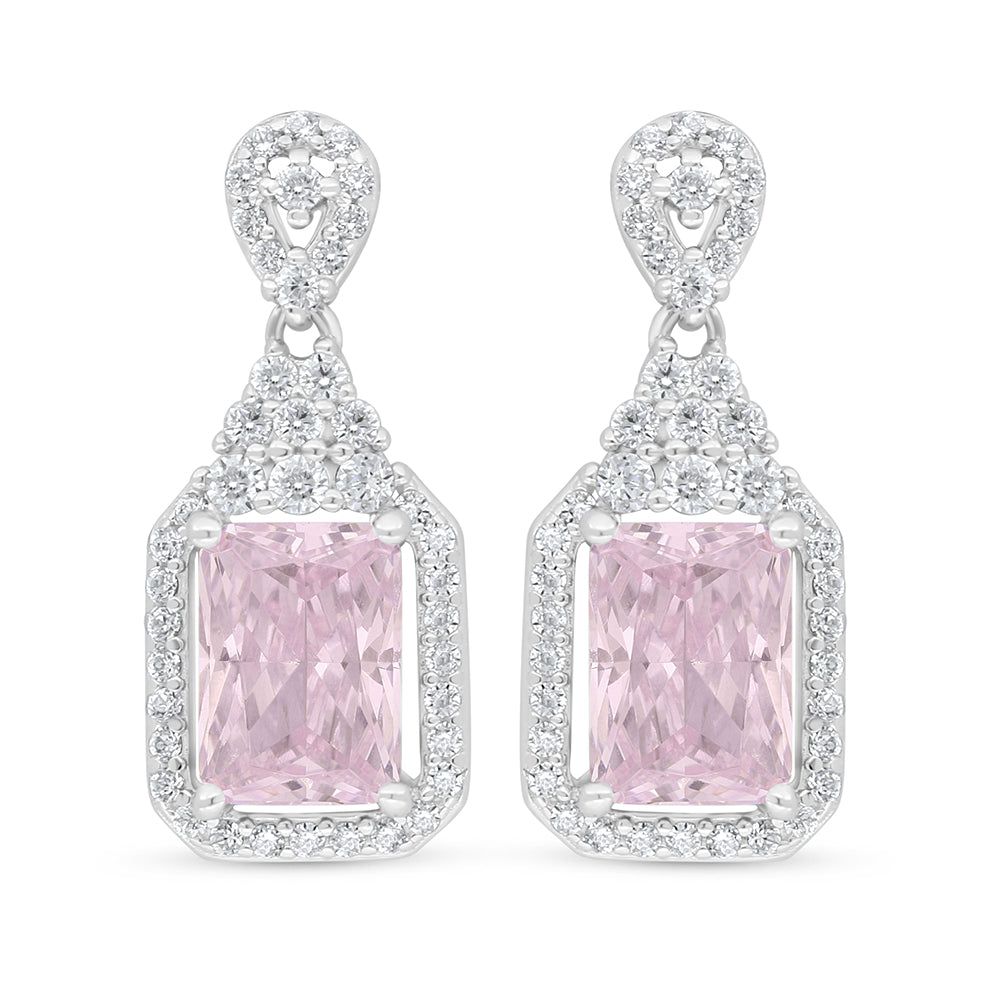 Sterling Silver 925 Earring Rhodium Plated Embedded With Pink Zircon And White Zircon