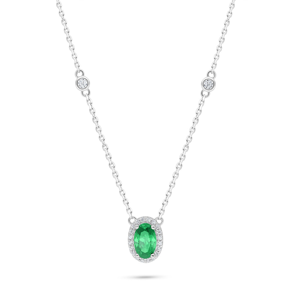 Sterling Silver 925 Necklace Rhodium Plated Embedded With Emerald Zircon And White Zircon
