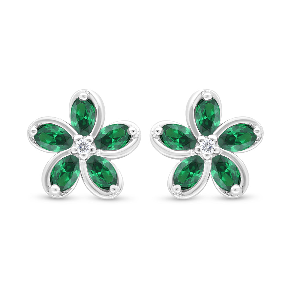 Sterling Silver 925 Earring Rhodium Plated Embedded With Emerald Zircon And White Zircon