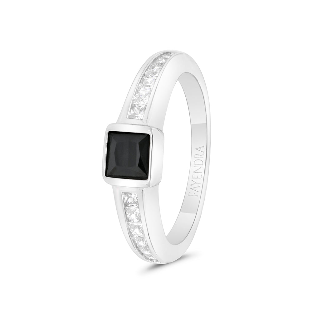 Sterling Silver 925 Ring Rhodium Plated Embedded With Black Onyx Spinal White CZ For Men