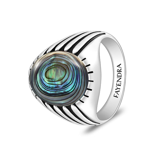 خاتم رجالي من الفضة الخالصة عيار 925 مطلي روديوم و اسود مرصع صدف استرالي كابشون