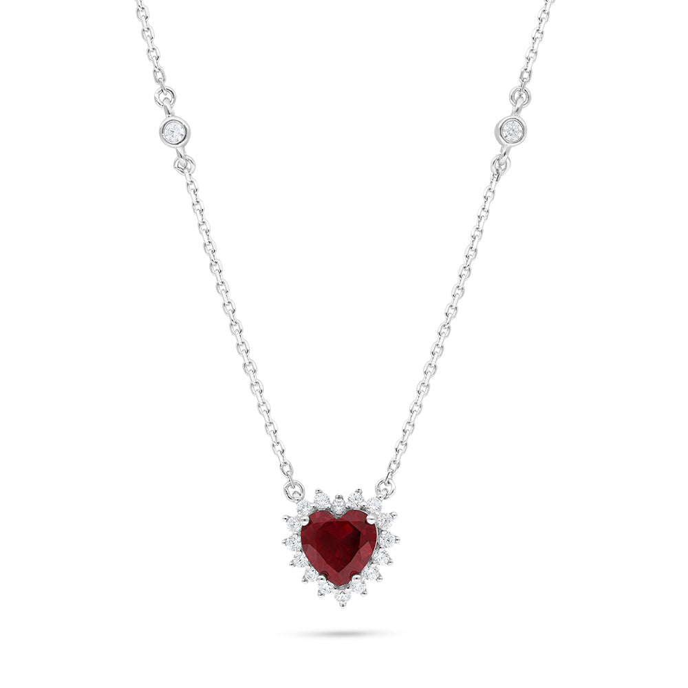 Sterling Silver 925 Necklace Rhodium Plated Embedded With Ruby Corundum And White Zircon