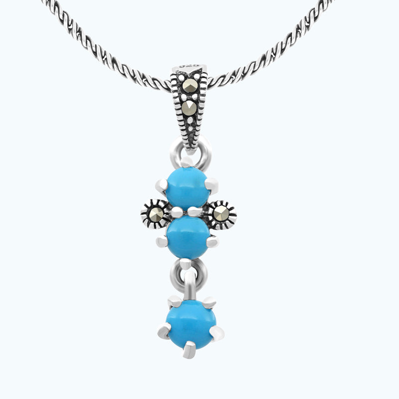 Sterling Silver 925 Pendant Embedded With Natural Processed Turquoise And Marcasite Stones