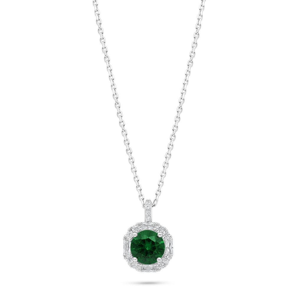 Sterling Silver 925 Necklace Rhodium Plated Embedded With Emerald Zircon And White Zircon