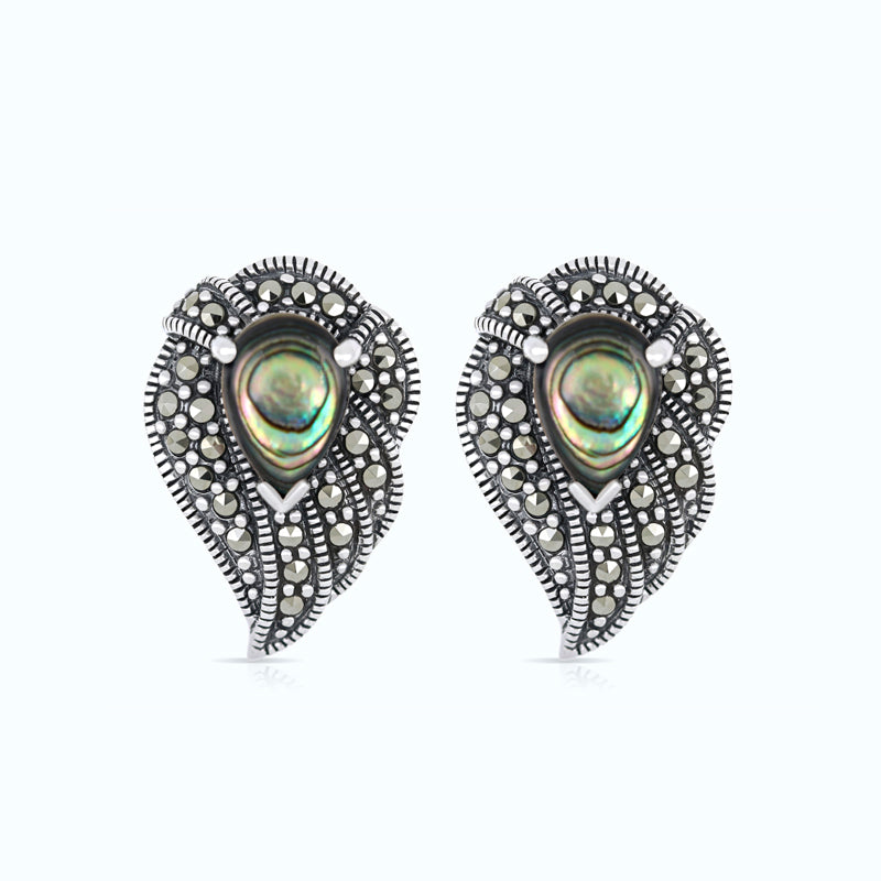 Sterling Silver 925 Earring Embedded With Natural Blue Shell And Marcasite Stones