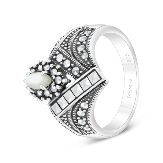 Sterling Silver 925 Ring Embedded With Natural White Shell And Marcasite Stones