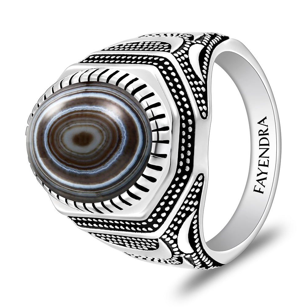 خاتم رجالي من الفضة الخالصة عيار 925 مطلي روديوم و اسود مرصع احجار عقيق سليماني كابشون