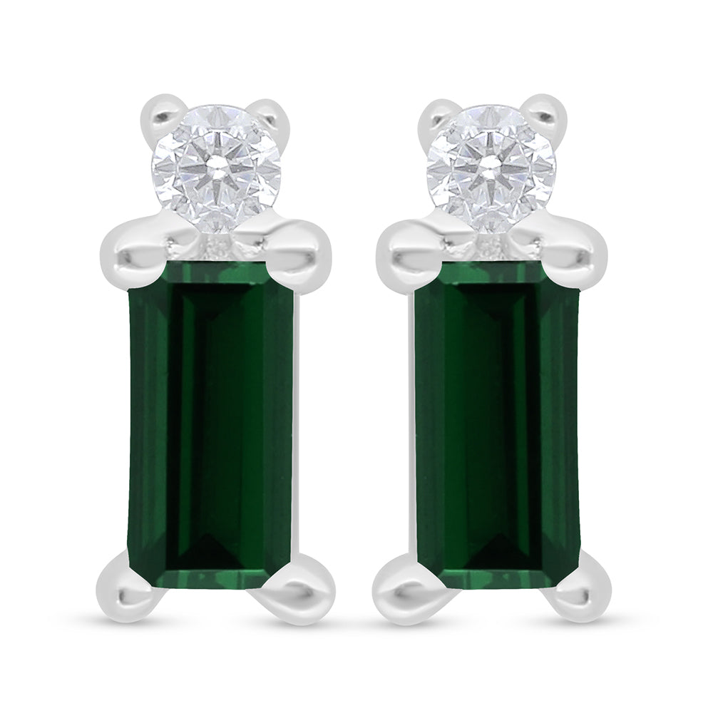Sterling Silver 925 Earring Rhodium Plated Embedded With Emerald Zircon And White Zircon