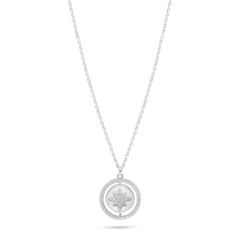 Sterling Silver 925 Necklace Rhodium Plated Embedded With White Shell And White Zircon