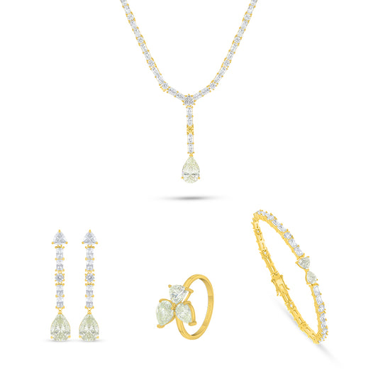 طقم من الفضة الخالصة عيار 925 مطلي ذهبي مرصع احجار زركون كناري الماسي و فص ابيض