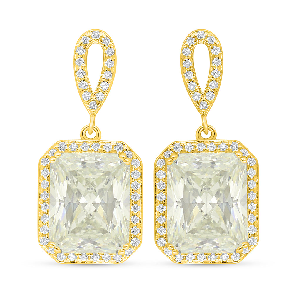 اقراط من الفضة الخالصة عيار 925 مطلية ذهبي مرصعة بالزركون الكناري الالماسي و فص ابيض