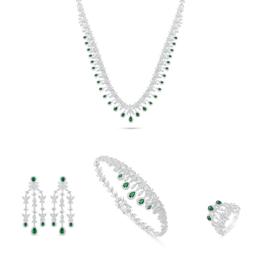 طقم من الفضة الخالصة عيار 925 مطلي روديوم و احجار زركون زمردي مرصع فص ابيض