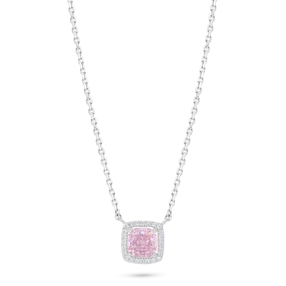 Sterling Silver 925 Necklace Rhodium Plated Embedded With Pink Zircon And White Zircon