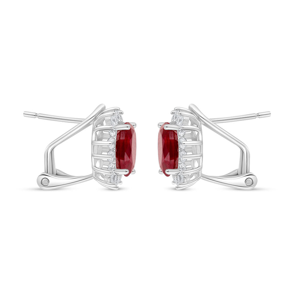 Sterling Silver 925 Earring Rhodium Plated Embedded With Ruby Corundum And White Zircon