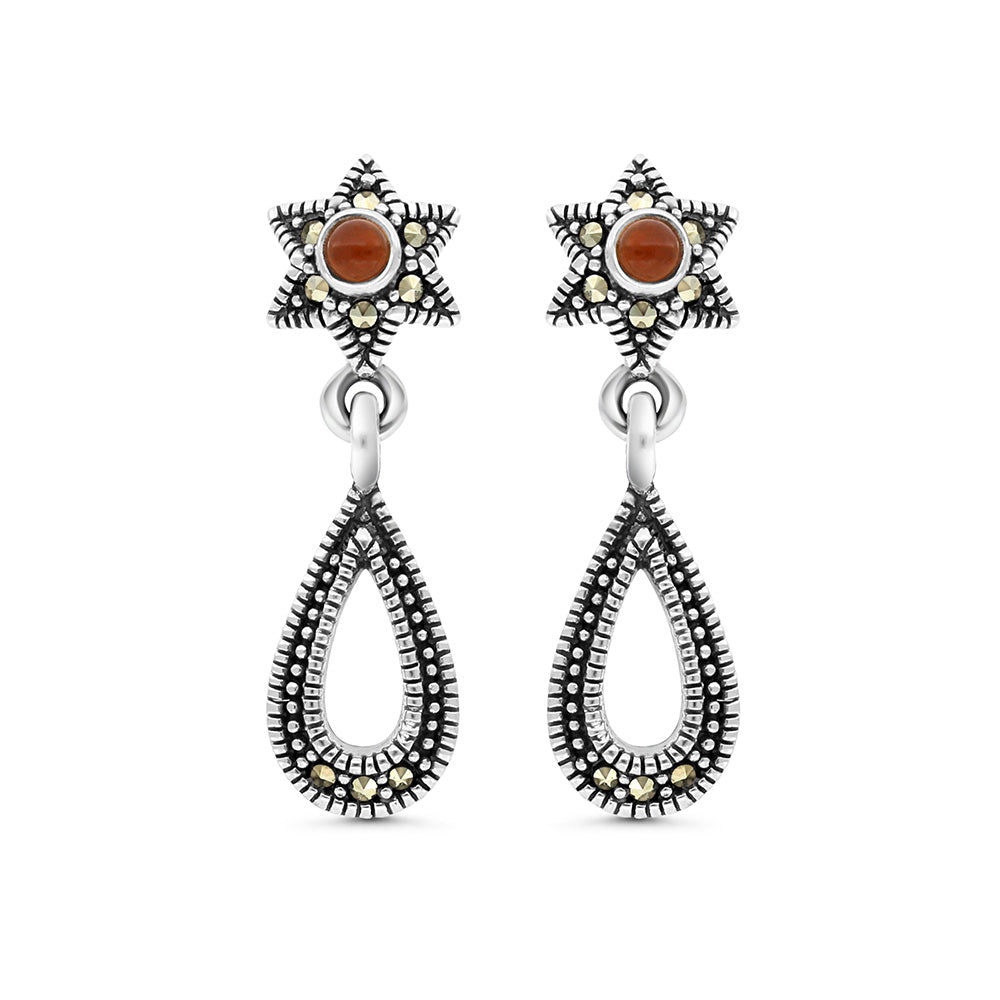Sterling Silver 925 Earring Embedded With Natural Aqiq And Marcasite Stones