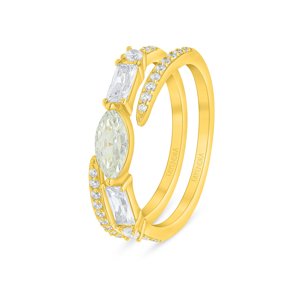 Sterling Silver 925 Ring Golden Plated Embedded With Yellow Diamond And White Zircon